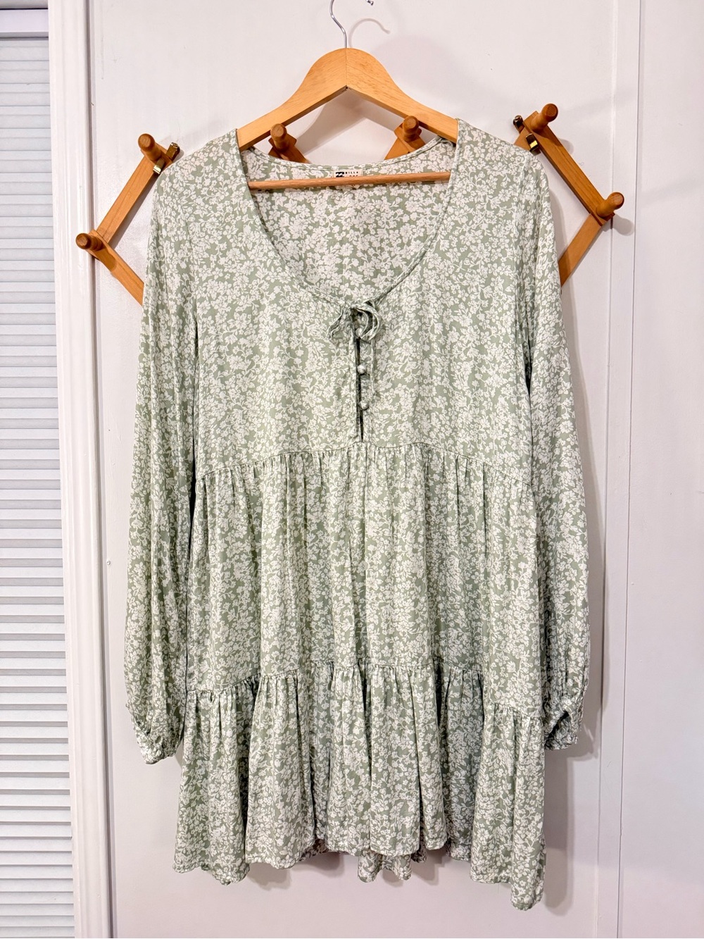 Tie-Front Floral Tiered Billabong Mini Long Sleeve Dress in Sage Green